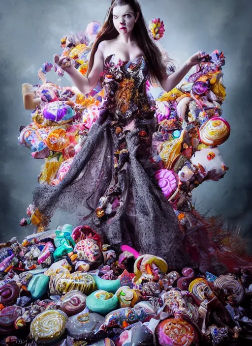 Image similar to expressive full body photo of anya taylor - joy, dress made of sweets and candies, glamour shot, by karol bak, stefan gesell, photorealistic, nikon d 4 x, fashion photography, hyper maximalist, elegant, ornate, luxury, elite, environmental portrait, symmetrical features, octane render, unreal engine, solid dark grey background, dramatic lights