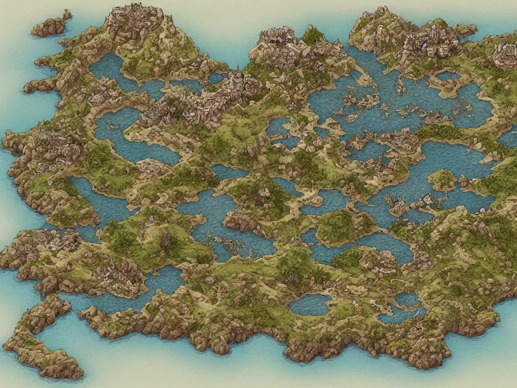 an isometric fantasy map of an island, the land of