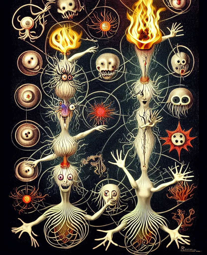 Prompt: whimsical freaky creature sings a unique canto about'as above so below'being ignited by the spirit of haeckel and robert fludd, breakthrough is iminent, glory be to the magic within, painted by ronny khalil