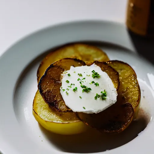 Prompt: dslr photograph of a michelin starred restaurant dish of potatoes, goat cheese and honey foam, 4 0 mm f 2