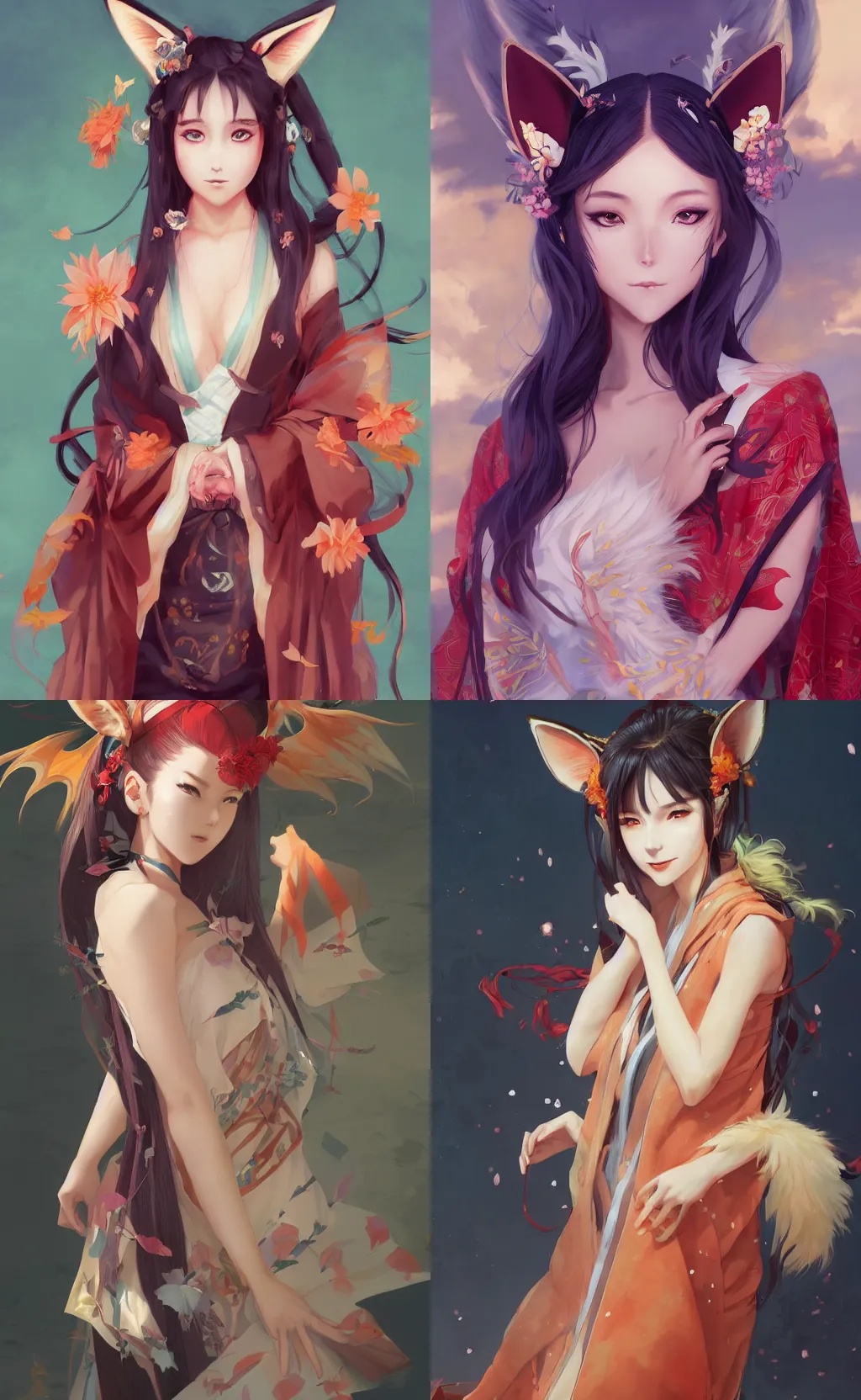 Prompt: A beautiful anime digital painting of a beautiful young woman with fox ears and nine tails wearing a kimono, by Stanley Artgerm Lau, WLOP, Rossdraws, James Jean, Andrei Riabovitchev, Marc Simonetti, and Sakimichan, tranding on artstation, SFW version