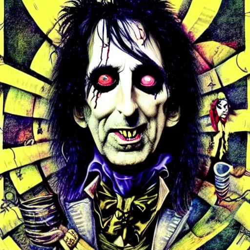 Prompt: graphic illustration, creative design, alice cooper in alice in wonderland, biopunk, francis bacon, highly detailed, hunter s thompson, concept art