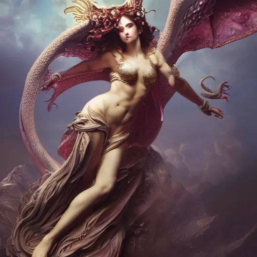 Image similar to stunning dynamic pose full body celestial goddess of dragons, intricate, 8k highly professionally detailed, hdr, CGSociety, dark fantasy, high fantasy, dynamic lighting, cinematic composition, glow, pristine, smooth, cosplay, elegant, sharp focus, DAZ, octane render, art by alphonse mucha and edgar maxence,
