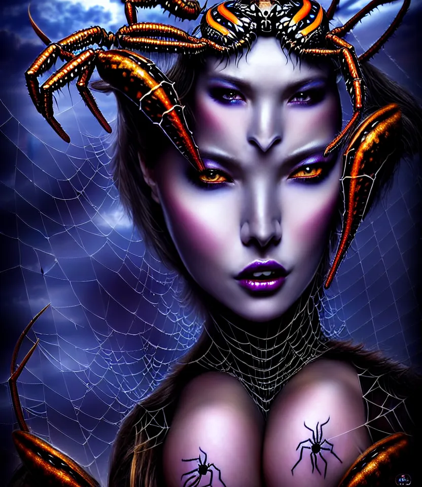 Image similar to close up portrait on the enchanting femenine queen of the zerg, hyper attractive, seductive, very complex, hyper-maximalist, overdetailed, legendary cinematic, darkfantasy, archetype with timeless beauty breathtaking eyes, her spider like legs spread evenly around her framing the image, collossal alien ship in the sky behind her, highly intricate, digital art, very elegant, HDR 8K, biblical art, realism, incomprehensible yet perspicious detail, unbeatable quality, silent hill aesthetic, photorealistic, lifelike, DSLR 8k, unbeatable coherency, Omnious intricate, octane render, created Nixeu & z--ed from deviantart