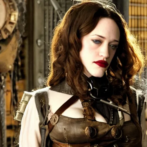 Prompt: long shot photo of kat dennings as a steampunk rogue