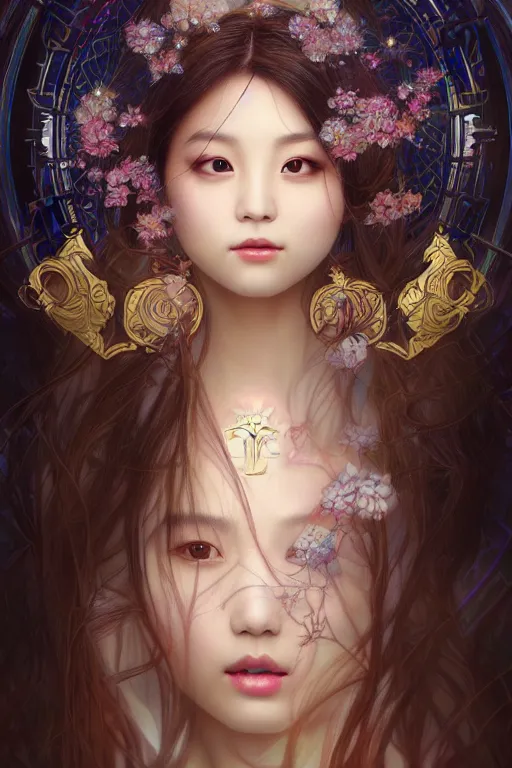 Image similar to beautiful and holy and divine young heroine portrait like twice tzuyu+happy+smoky eyes+front face with light flowing hai, ultradetail face, art and illustration by tian zi and WLOP and alphonse mucha, fantasy, intricate complexity, chinese, goddess, human structure, fantasy character concept, watermark, blurry, hyperrealism 8k