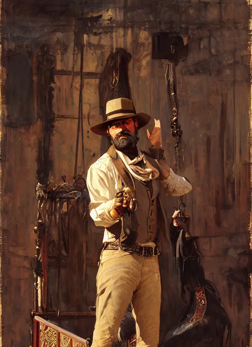 Prompt: Old west resurrectionist (rdr2, laurie greasley). Iranian orientalist portrait by john william waterhouse and Edwin Longsden Long and Theodore Ralli and Nasreddine Dinet, oil on canvas. Cinematic, hyper realism, realistic proportions, dramatic lighting, high detail 4k