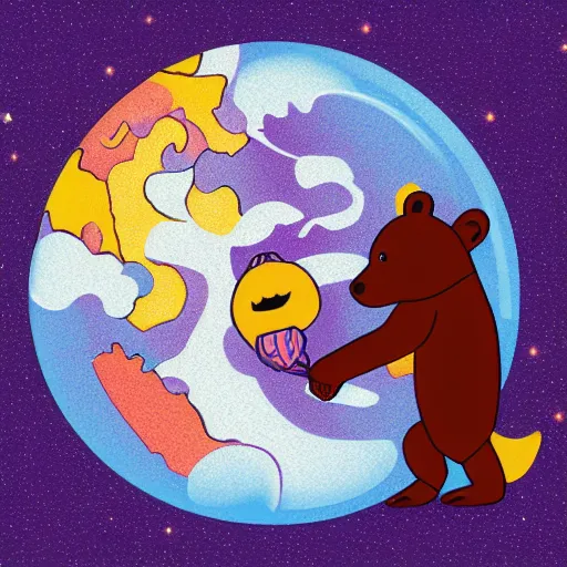 Image similar to cartoon illustration of a bear mascot being launched from a futuristic marble planet, purple and orange cloudland