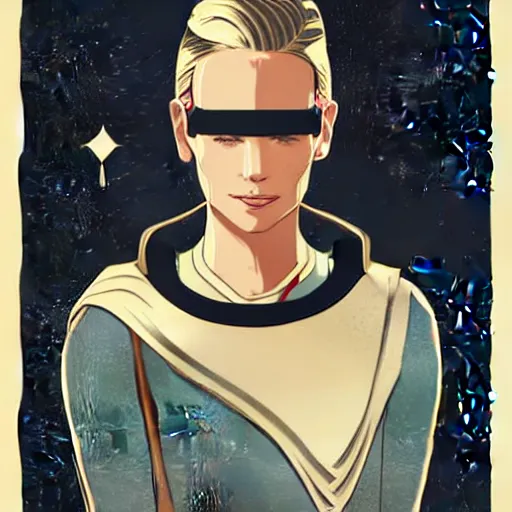 Image similar to tattooed stoic heroic emotionless dirty butch blonde woman space hero with very short slicked - back hair, wearing dark - lensed victorian goggles, wearing white and gold satin uniform and cape, moebius, rough paper, smooth median photoshop filter cutout vector, behance hd by jesper ejsing, by rhads, makoto shinkai and ron cobb.