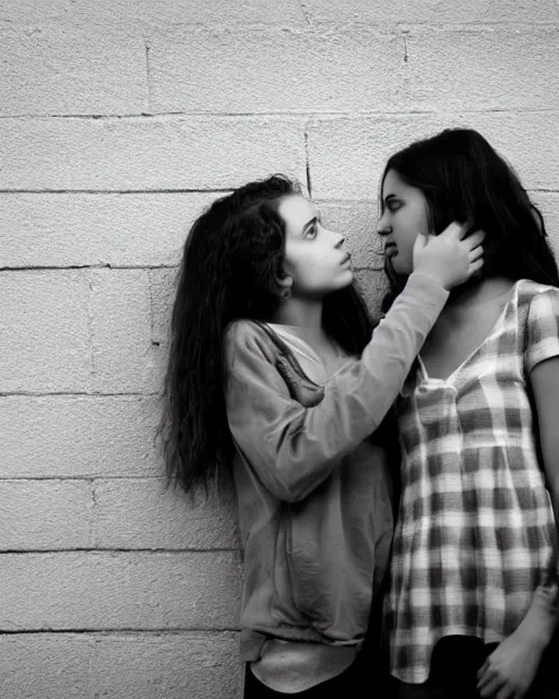 Image similar to black and white photo, two teenage girls stand against a wall, staring lovingly into each other's eyes, about to kiss, cdx