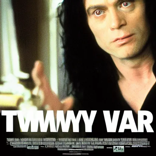 Prompt: tommy wiseau from the room ( 2 0 0 3 ), with the words oh hi mark written, poster, perfect kerning