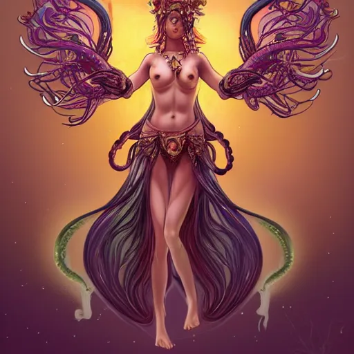 Image similar to Full body photo of the most beautiful goddess, she has a jellyfish-phoenix head's and a siren body, some tentacles are on her body, she flying to heaven through the clouds, she is swimming with some chrysaora hysoscella, there is smoke behid her, by Tooth Wu, trending on Artstation, digital art, symmetrical artwork, cinematic, hyper realism, high detail, octane render, 4k, 8k