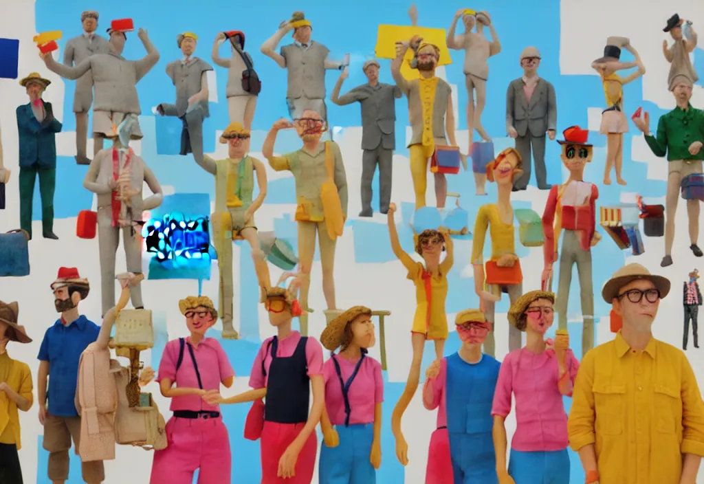 Image similar to full frame, a row of european tourists standing with a variety of poses and props, character designs, a collage painting, in the style of wes anderson, lola dupre, david hockney, isolated on negative white space background dark monochrome neon spraypaint accents volumetric octane render