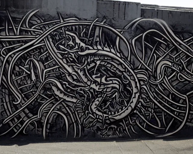 Image similar to a wall that has some lovecraftian graffiti on it inspired by wretched dragon rib cage.