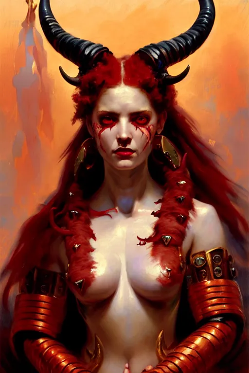 Prompt: painted close - up portrait of a very attractive red - skinned intimidating demon cyborg girl with ram horns! oil painting, wearing a noblewoman's outfit, fantasy art by john singer sargent and gaston bussiere and james jean and greg rutkowski, demon noble character design, hd