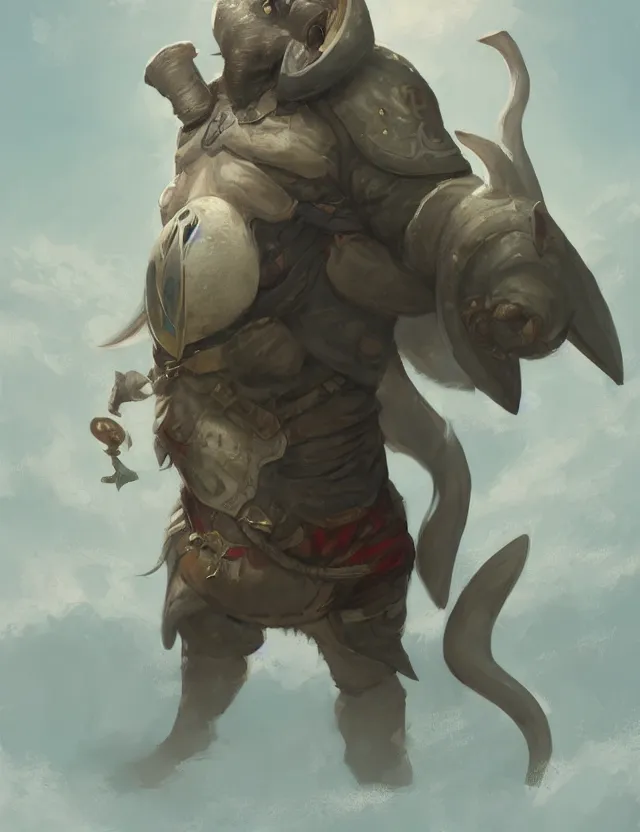 Image similar to portrait painting of a loxodon character wearing bard costume, dnd 5 e, trending on artstation, masterpiece, by ross tran and by greg rutkowski