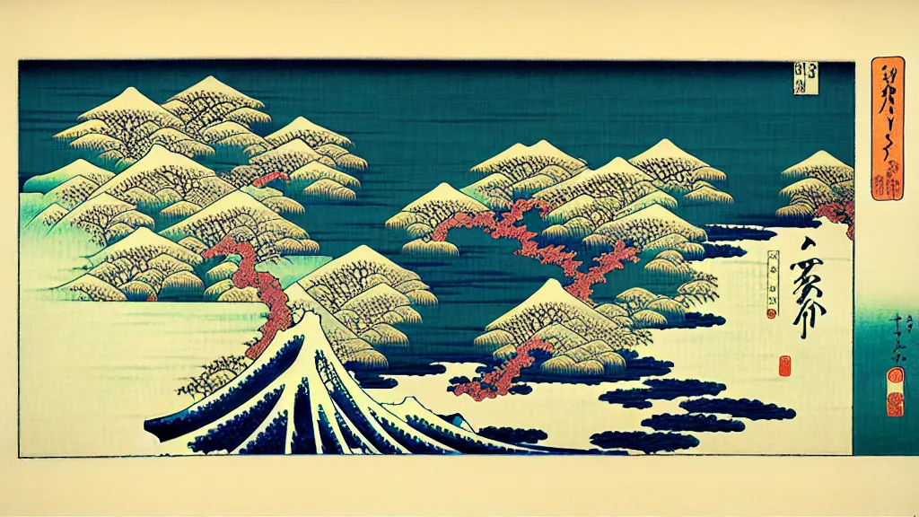 Image similar to landscape, by katsushika hokusai, calligraphy, pastel art, happy, feng shui, ray tracing reflections