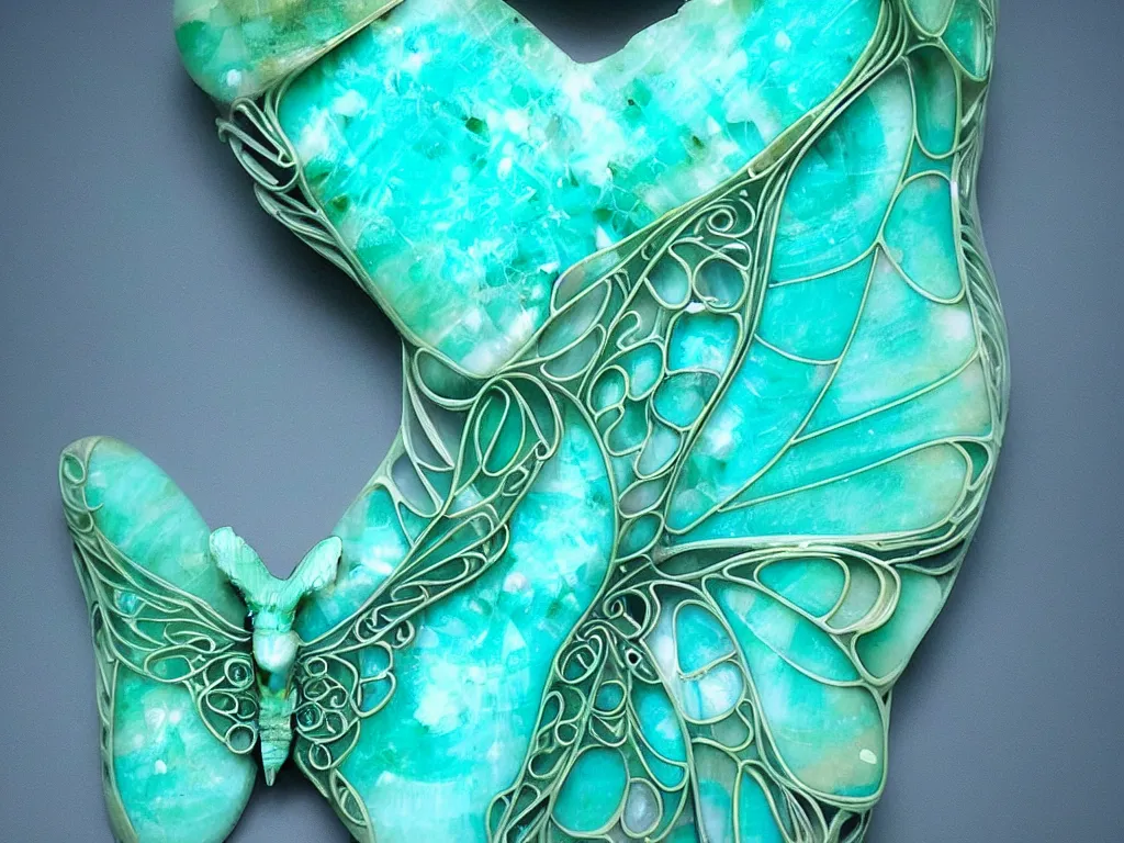 Prompt: a beautifully sculpted human ribcage made of amazonite, galaxy inside of the ribcage, butterfly flying around the ribcage, accurate, intricate, moody, dramatic,