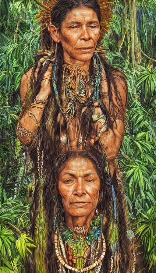 Image similar to a beautiful portrait of an amazonian shaman healer sitting in the jungle, doing a prayer, ayahuasca, high detail painting, fantasy art, highly detailed, realistic face