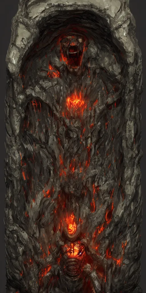 Image similar to portal containing mummified demon lord, dark, gritty, damaged, hellfire, hostile, demonic, diabolic, cinematic light, on artstation