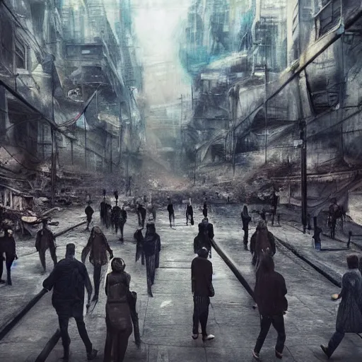 Image similar to hordes of drone-like people aimlessly walking around a depressing dystopian cityscape , trending on artststion, hyper realistic, surreal, melancholic, 8k, upscaled