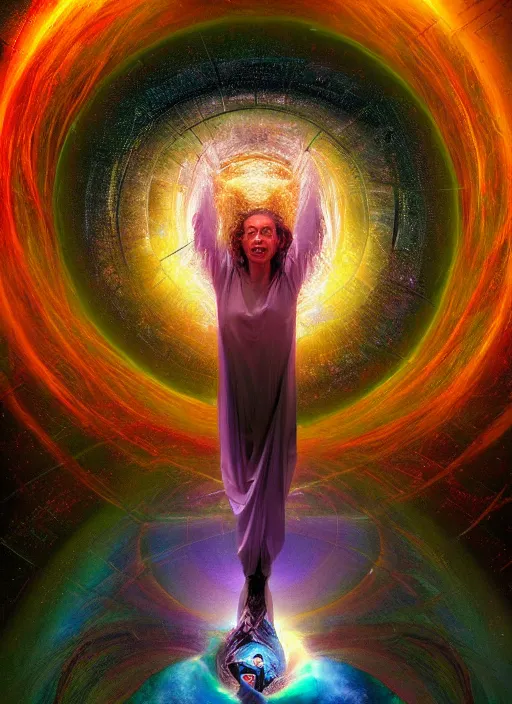 Image similar to the expansion of self realization, portrait, while tipping hallucinogenic dmt, space and time bending into a vortex of subjective reality, event horizon from within, ron walotsky, michal karcz