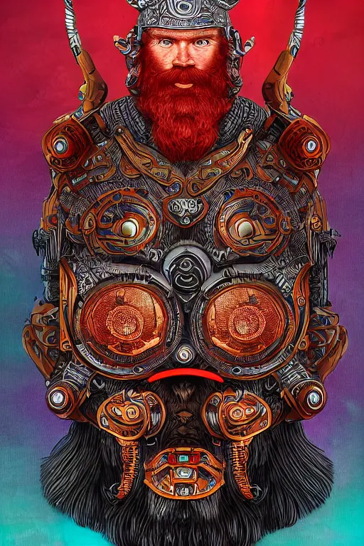 Image similar to robotic viking, handsome and strong, red beard, psychedelics, dmt, detailed intricate, 8 k, cinematic