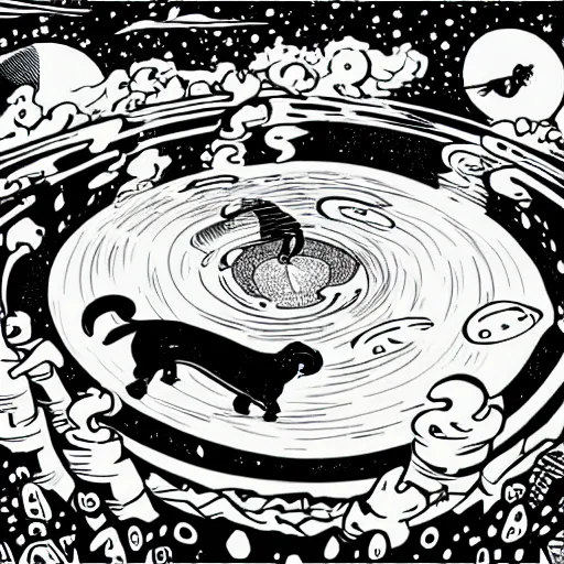 Image similar to colorful mcbess illustration of a dachshund jumping into a portal to another world