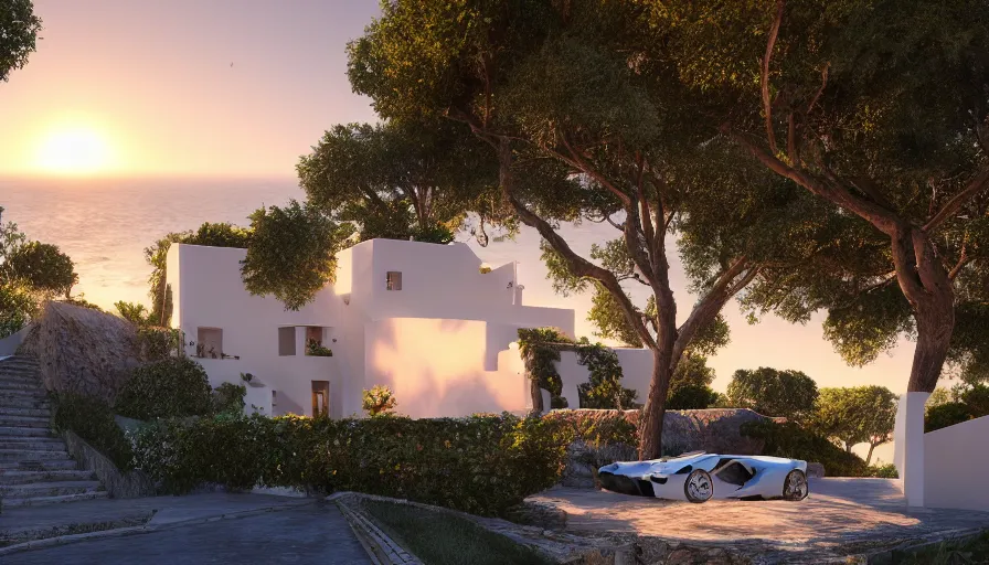 Image similar to sicilian white villa built on the edge of a hill, lamborghini, sunrise, sea, trees, wide view, hyperdetailed, artstation, cgsociety, 8 k