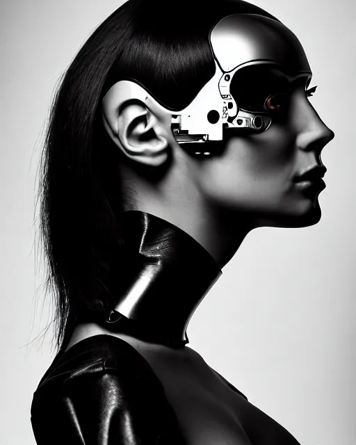 Prompt: a profile portrait, a stunning young woman - cyborg with a mutant crow head, editorial photography, bw, by roman sustov, by hr giger, shot on 7 0 mm, depth of field, f / 2. 8, high contrast, 1 6 k, volumetric lighting, shiny, insanely detailed and intricate, hypermaximalist, elegant, ornate