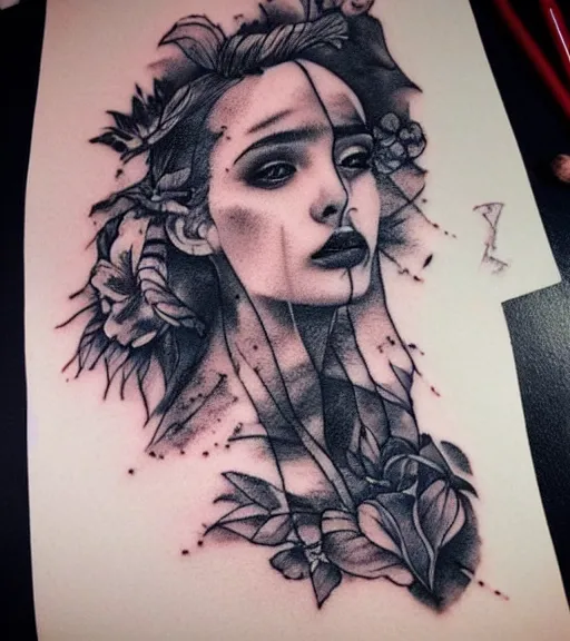 Image similar to tattoo design sketch of a beautiful woman face with a stunning mountain view faded background on her side, hyper - realistic, double exposure, in the style of matteo pasqualin, amazing detail, black and white, faded