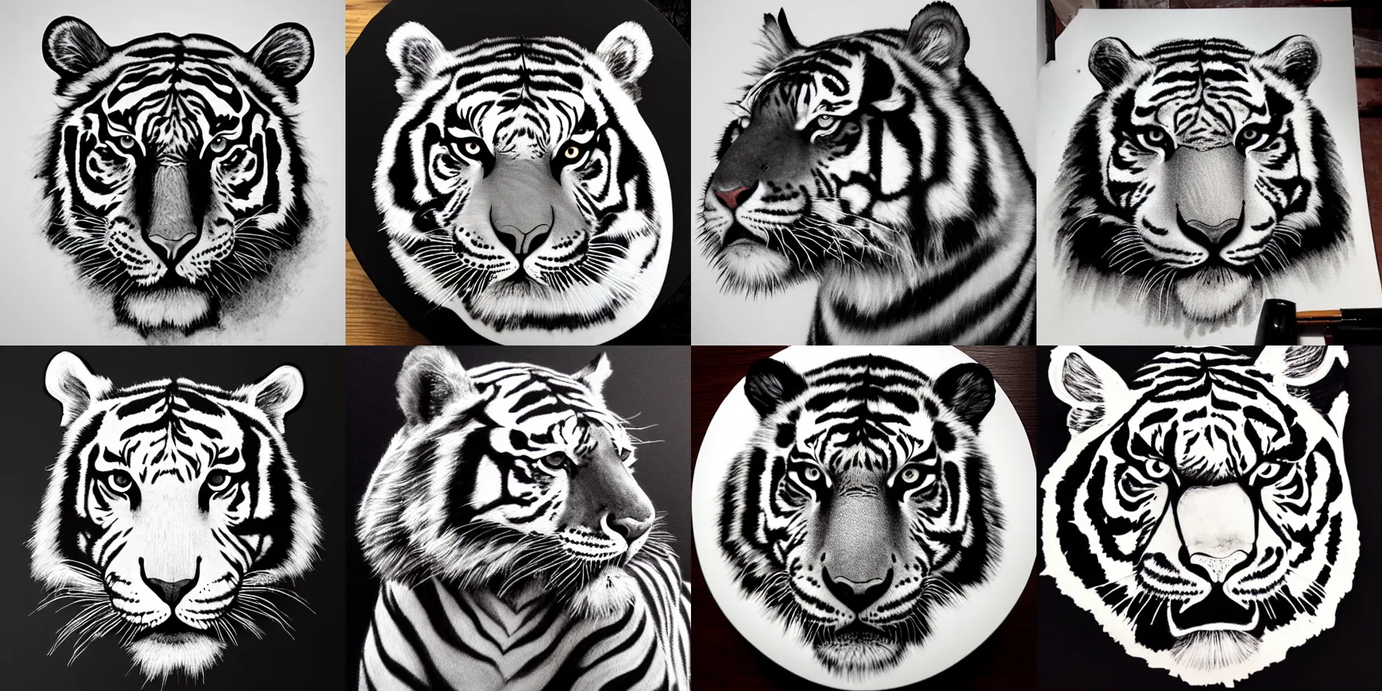 Prompt: black and white tiger, ink, latte art