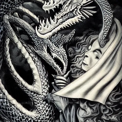 Image similar to A knight kissing a dragon. Detailed amazing wellmade movie still