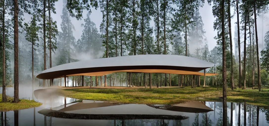 Prompt: curved roof planes lift and descend creating shade and architectural expression, highly detailed, situated in the forest, next to a highly reflective lake, marble, vivid color, high resolution photography, mist, luxury