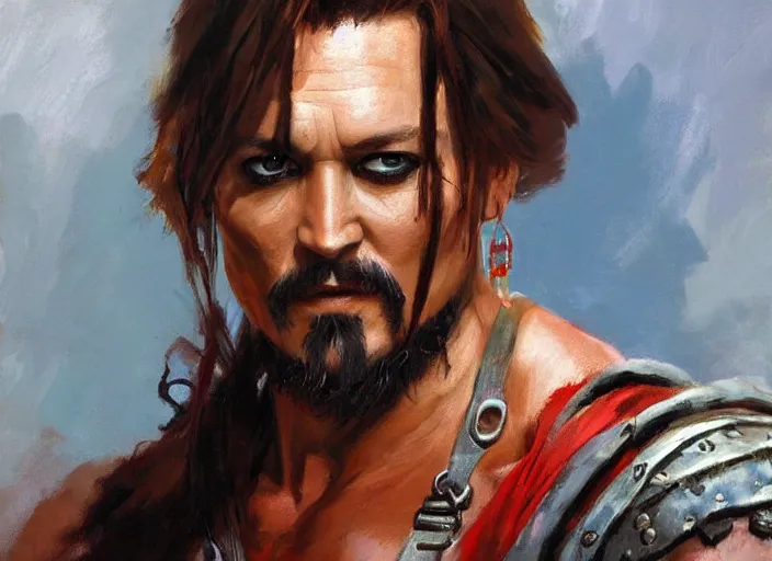 Prompt: a highly detailed beautiful portrait of johny depp as kratos, by gregory manchess, james gurney, james jean