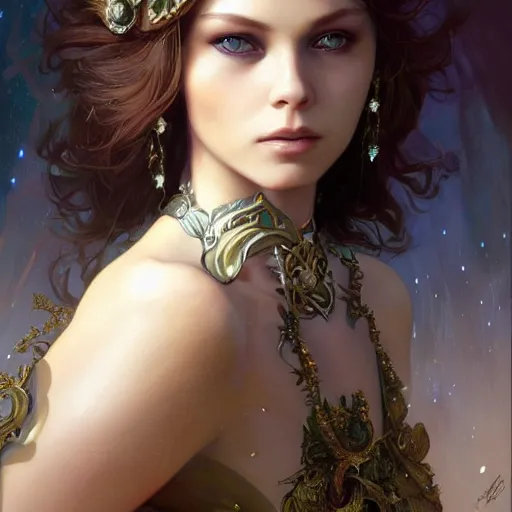 Image similar to beautiful young ornella muti, closeup, d & d, fantasy, intricate, elegant, highly detailed, digital painting, artstation, sharp focus, beautiful, illustration, art by artgerm and greg rutkowski and alphonse mucha