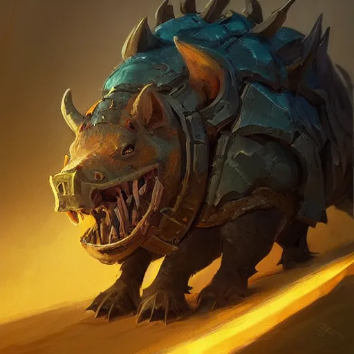 Image similar to an armored boar, boar ’ s tusks, yellow theme, bright art masterpiece artstation. 8 k, sharp high quality artwork in style of jose daniel cabrera pena and greg rutkowski, concept art by tooth wu, blizzard warcraft artwork, hearthstone card game artwork, armored boar