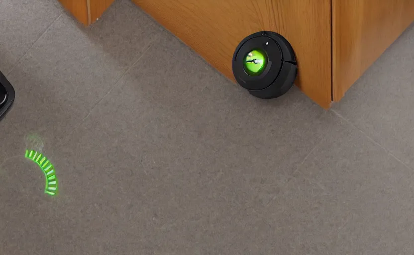 Prompt: A roomba avoiding danger in a dungeon owned by amazon