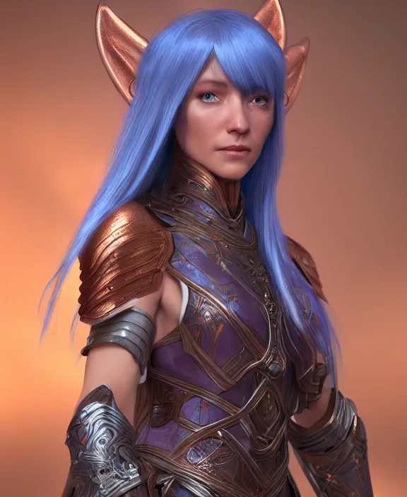 Image similar to a beautiful and highly detailed digital portrait of a dignified female elven paladin with blue hair in rose gold armor by clint cearley, centered, artsation contest winner, artstation hd, cgsociety, fantasy art, cryengine, concept art, photorealism, daz 3 d, sketchfab, zbrush, vray