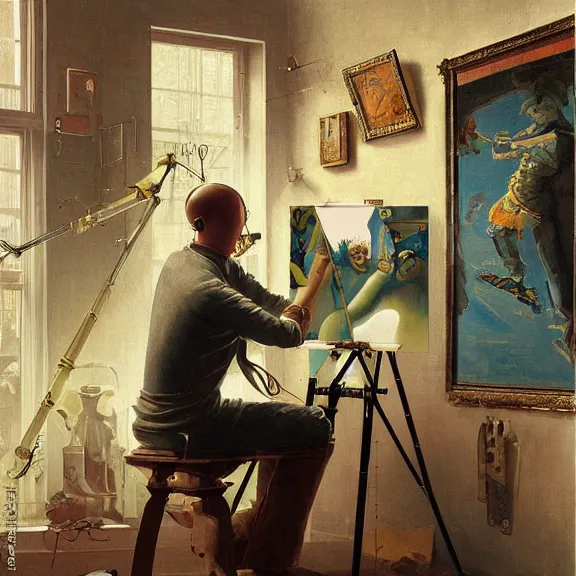 Image similar to robot artist painting a self - portrait on a canvas. intricate, highly detailed, photorealistic, film still, by carl spitzweg, hans thoma, alexandros pyromallis, gil elvgren, sachin teng.