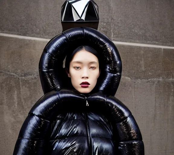 Image similar to well lit fashion shoot portrait of extremely beautiful female black marble statue wearing huge puffer jacket over size futuristic outerwear, puffer trouser, puffer jacket, puffer jacket by moncler genius, dingyun zhang, yeezy, balenciaga, vetements, sharp focus, clear, detailed, detailed, glamorous, symmetrical, vogue, editorial, fashion,