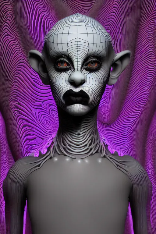 Prompt: 1 6 k neon - monochrome 3 d of cgsociety : - nude kid - boy with cat - black - clown makeup by nick knight ( him body : biomechanical sculpture, persian rug, mandelbulb 3 d fractal kawaii - shotacon 3 d - anime style with him face : hyperrealistic human face, satanic pattern style by jonas akerlund and lee griggs