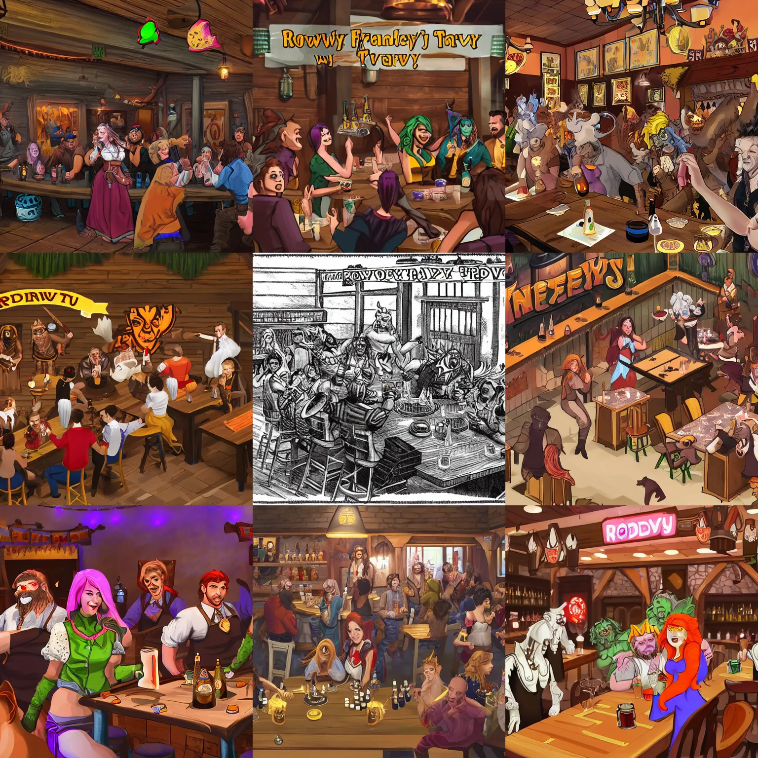 Prompt: rowdy fantasy tavern with food being served by pretty female waiters, creatures dancing, beer being drank and spilled, music being played, and creatures of all races being generally cheerful and rowdy, pleasant atmosphere