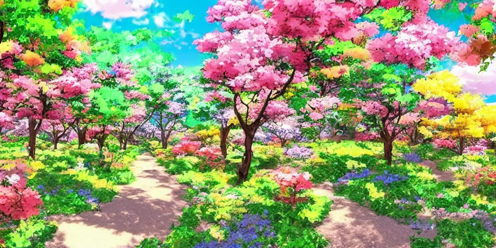 Image similar to a !!!!beautiful landscape of multi coloured flowers, trees and bushes. Anime style.