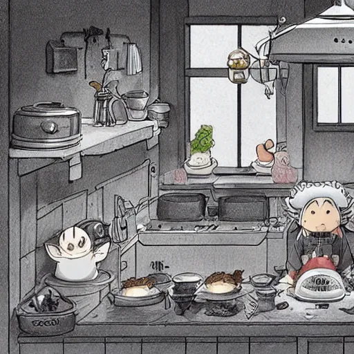 Prompt: a busy kitchen with hamster chefs by Studio ghibli, Kentaro Miura, Hiromu Arakawa, Koyoharu Gotouge, Takeshi obata, concept art, golden ratio