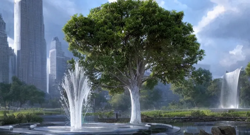 Image similar to a water fountain made out of a tree, concept art by Doug Chiang cinematic, realistic painting, high definition, digital art, symmetrical, very detailed, extremely high detail, photo realistic, concept art, unreal engine 5,