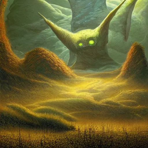 Image similar to artistic digital artwork of an epic natural scene on an alien planet. beautiful landscape by vincent bons, michael whelan, remedios varo and gerardo dottori. grainy and rough. interesting pastel colour palette. beautiful light. oil and water colour based on high quality render.