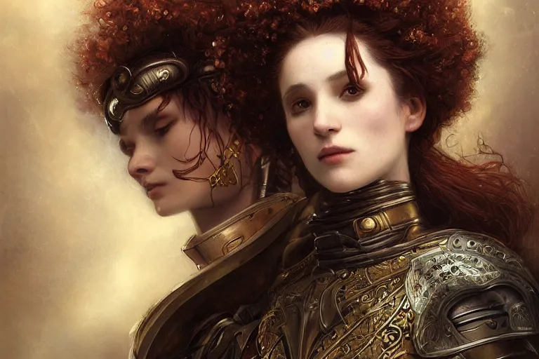 Prompt: a portrait of a female night guard in armor, thin lustrous auburn hair, in Ankh Mor-Pork from Discworld by Terry Pratchett, dreamy night, eternity, romantic, highly detailed, in the style of Tom Bagshaw and Franz Xaver Winterhalter, highly detailed