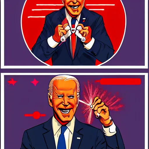 Image similar to joe biden with glowing red laser eyes. wrathful supervillain. laughter. science fantasy art.