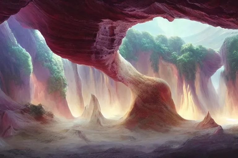 Prompt: Celestial majestic luxurios futuristic other worldly realm with Singaporean royal gold lush volcano, set on Antelope Canyon with white thermal waters flowing down pink travertine terraces, relaxing, ethereal and dreamy, during the thunderstorms and multiversal tornado with chaotic disaster, visually stunning, from Star Trek 2021, illustration, by WLOP and Ruan Jia and Mandy Jurgens and William-Adolphe Bouguereau, Artgerm